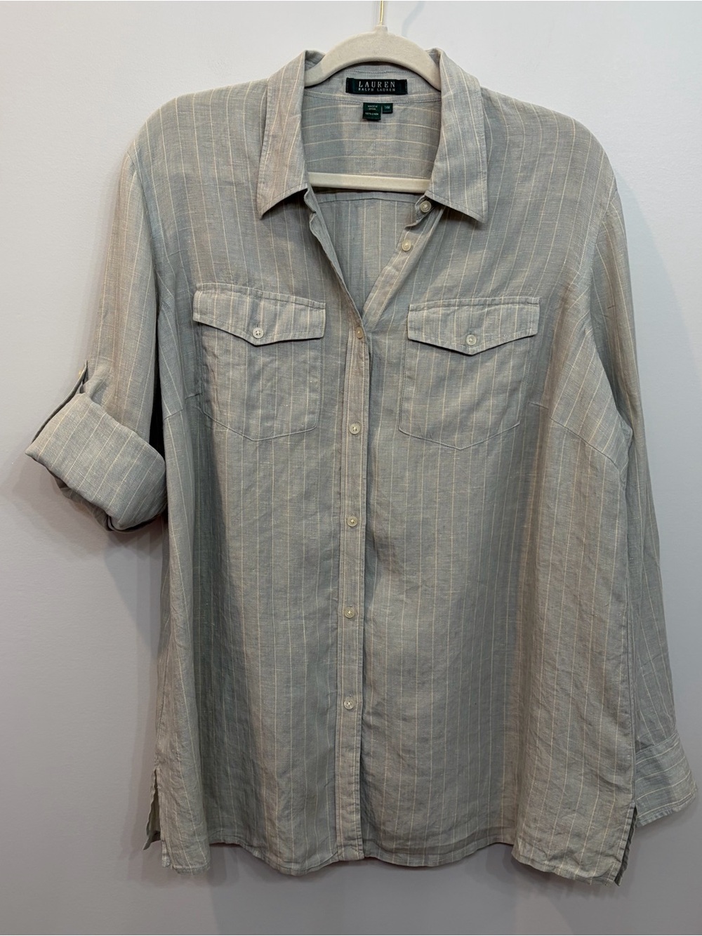 Lauren Ralph Lauren Women's Linen Shirt Button Front Long Sleeve Striped Size 14